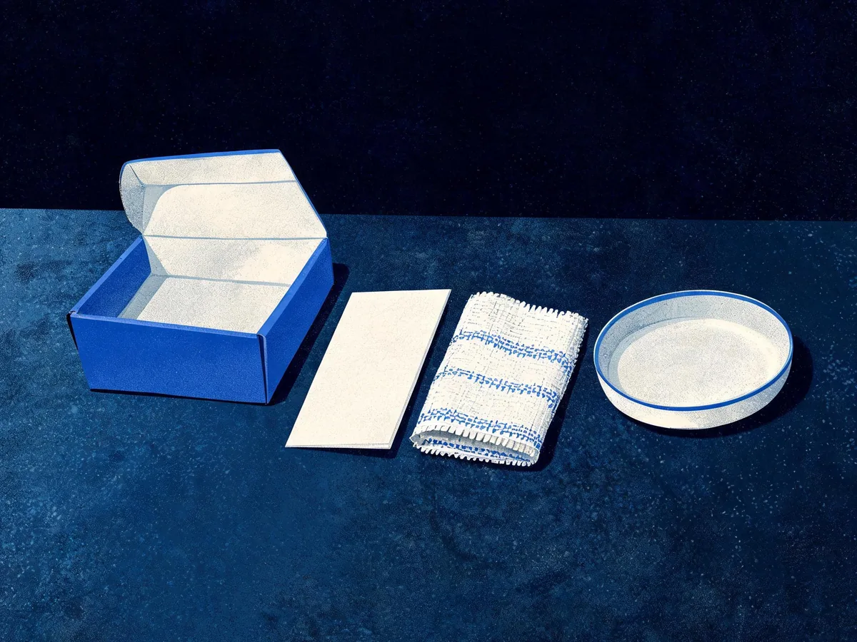 Cited — a close arrangement of a product photograph, care card, decorative fabric swatch, and accessible packaging materials on a worktable