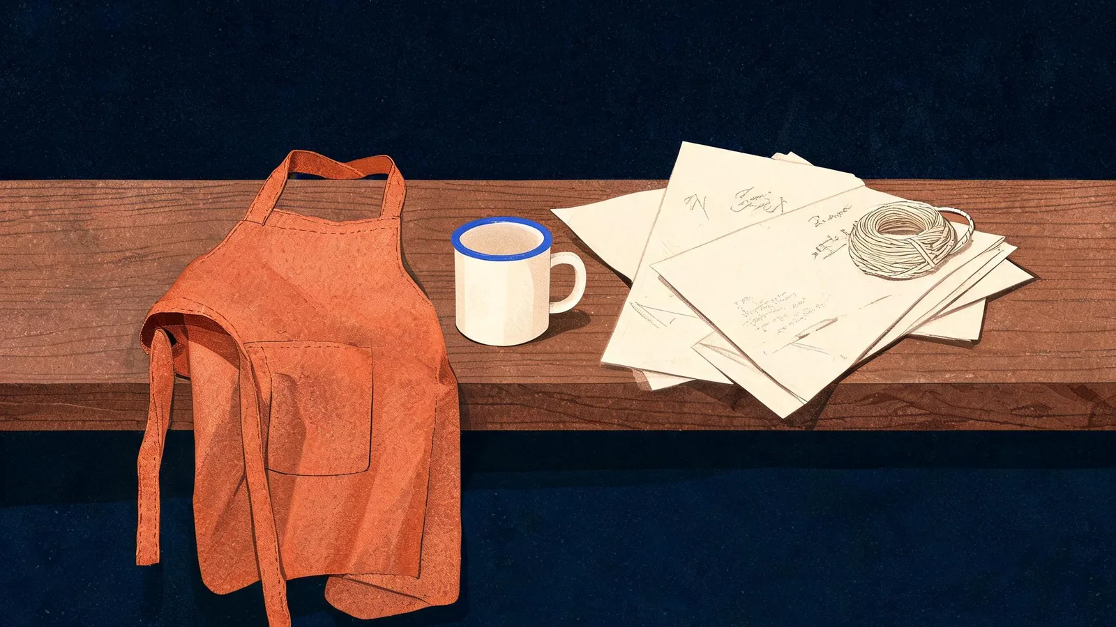 Cited — a small online shop product page with a rust-orange linen apron, ceramic mug, and handwritten packing materials on a wooden counter
