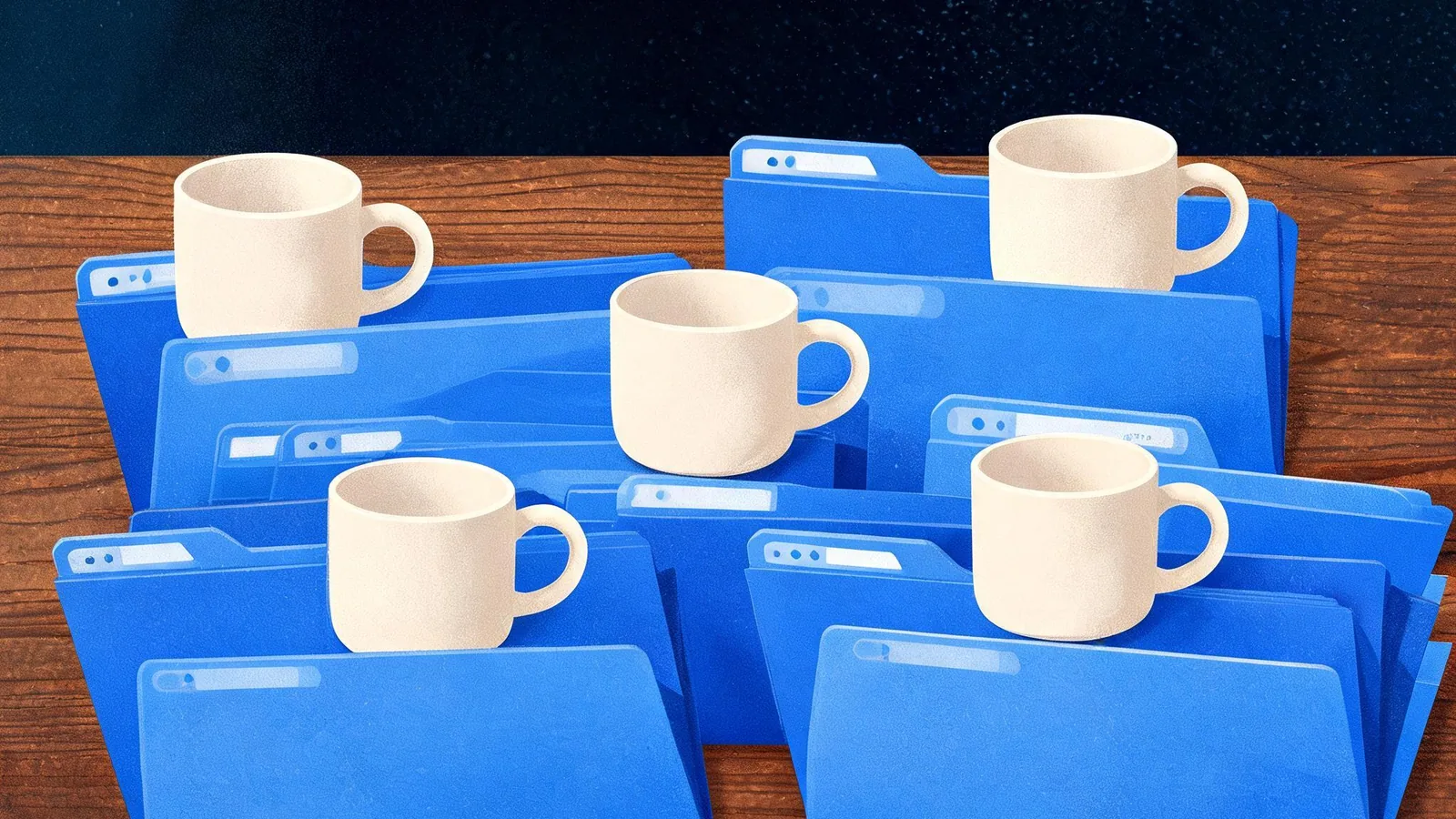 Cited — a small online store product catalog with identical ceramic mugs arranged across distinct URL-themed paper folders on a wooden worktable