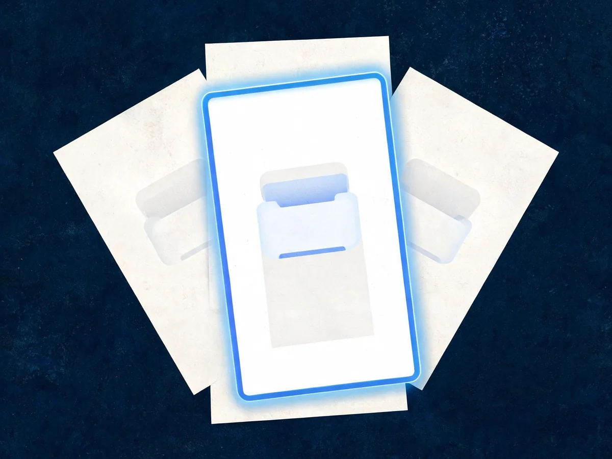 Cited — a browser page template represented by layered paper sheets with one highlighted preferred product card and several similar alternate cards in a quiet office setting