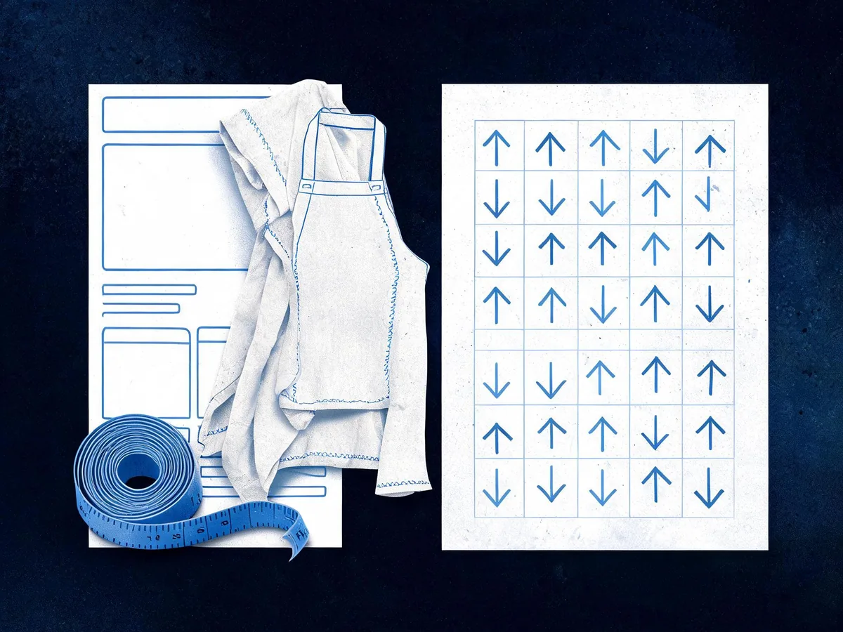 Cited — a split arrangement of a product page draft, a measuring tape, linen aprons, and a paper chart with handwritten upward and downward marks in a small stockroom