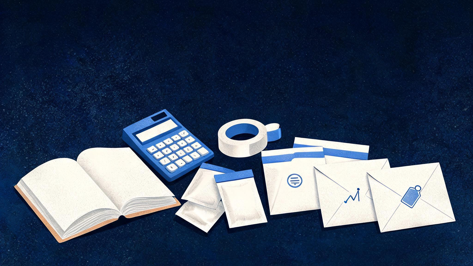 Cited — a small merchant’s notebook beside a calculator, product samples, shipping supplies, and three separate envelopes marked by budget mode