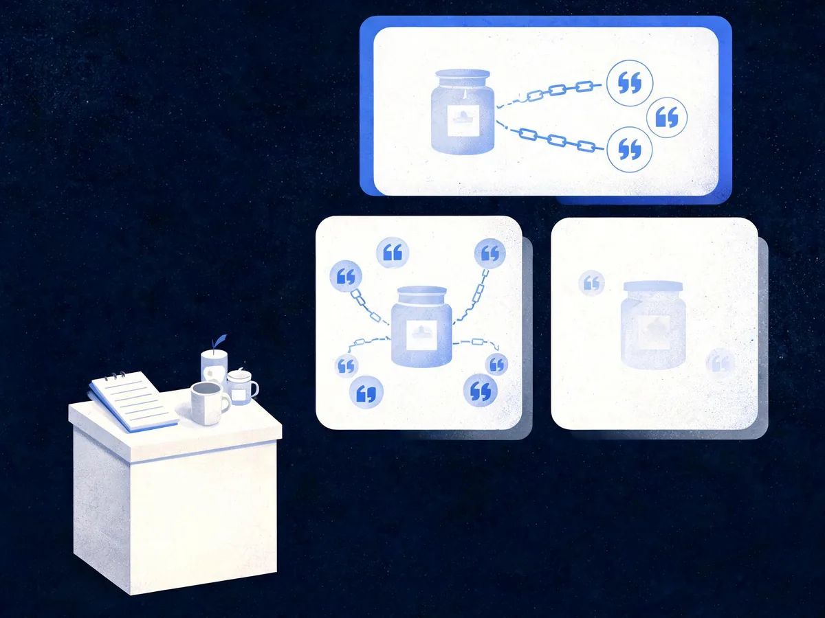Cited — a comparison board with product detail cards, linked-data symbols, citation records, and competitor notes beside a small shop order desk