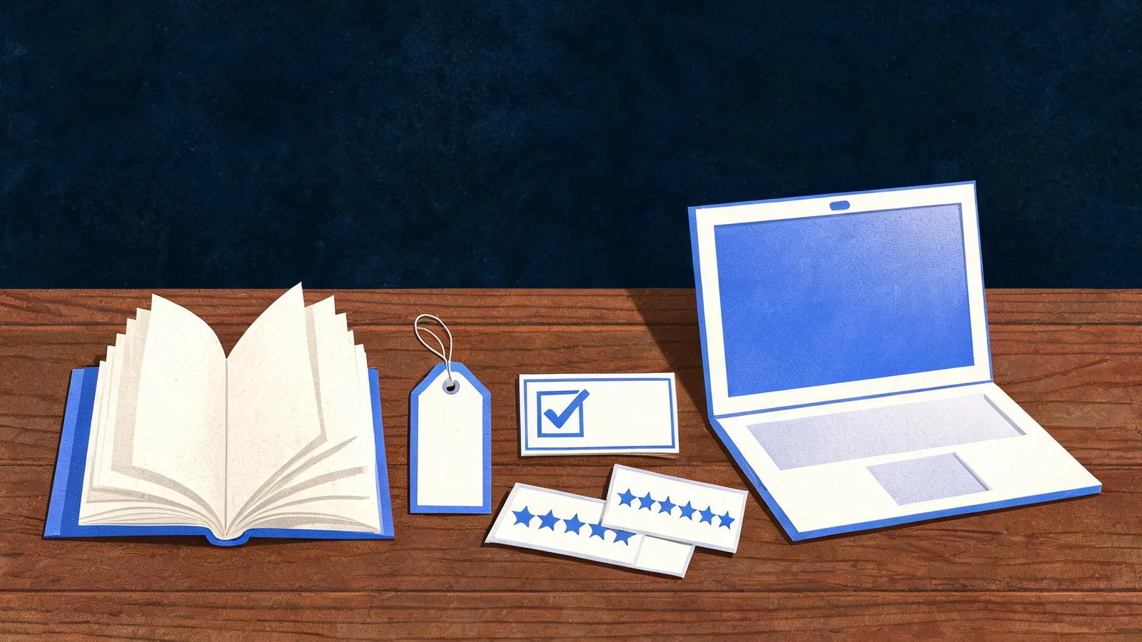Cited — a product page audit notebook beside a price tag, availability card, review cards, and a laptop-shaped paper mockup on a wooden desk
