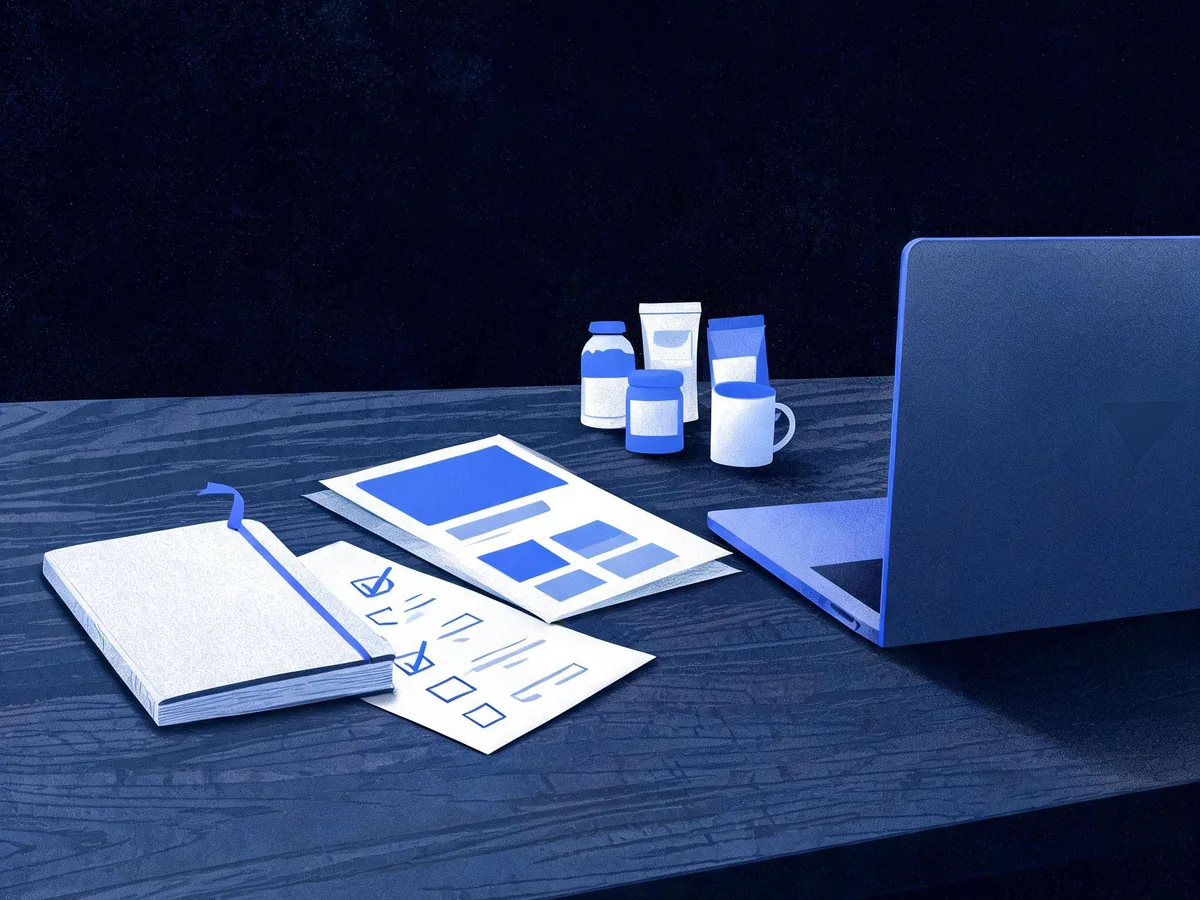 Cited — a split worktable with a product page mockup on paper, a category assortment, an editorial notebook, and a comparison checklist beside a laptop turned away