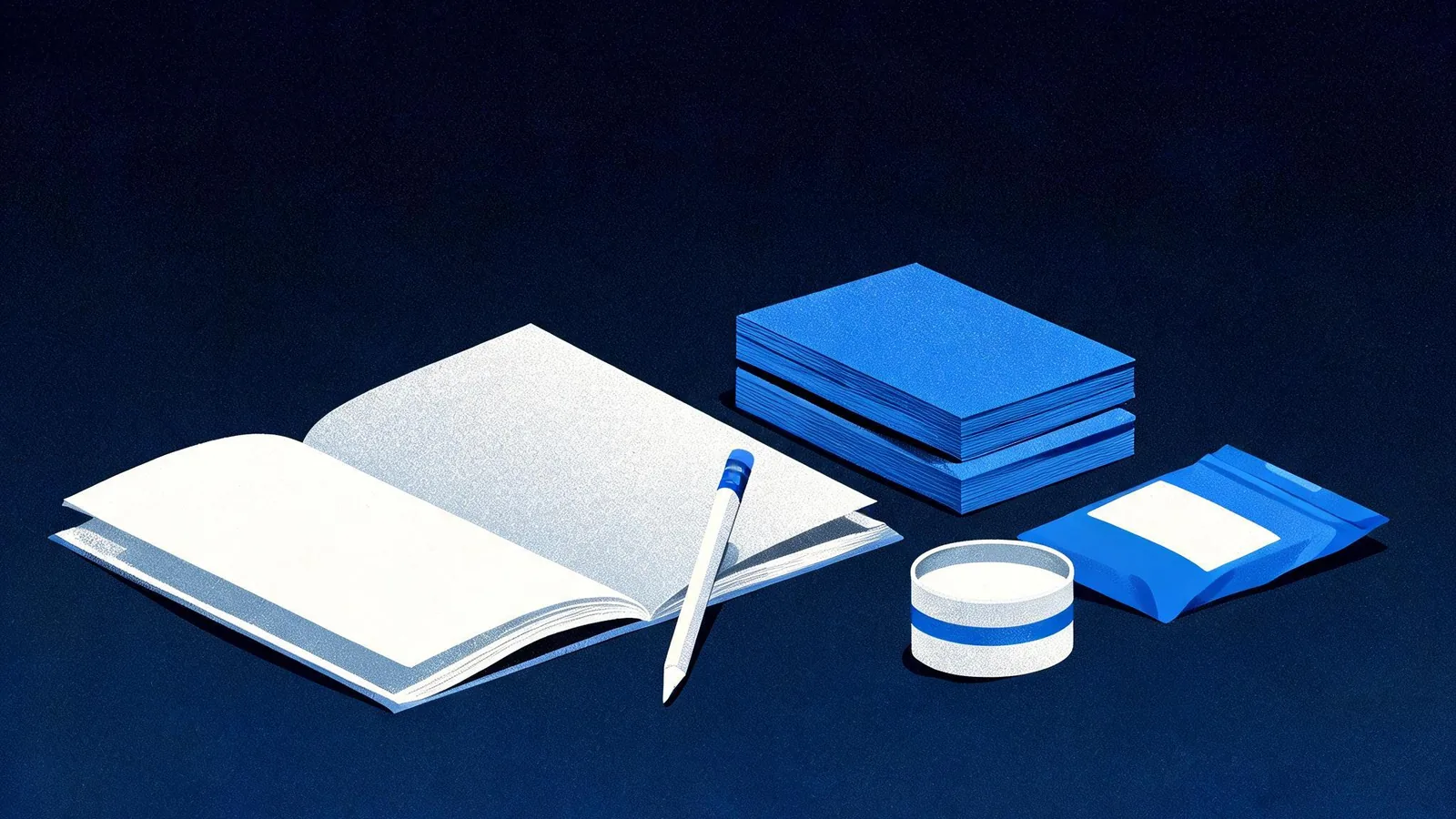 Cited — a small merchant's landing-page planning notebook beside product samples, a pencil, and neatly arranged package cards on a worktable