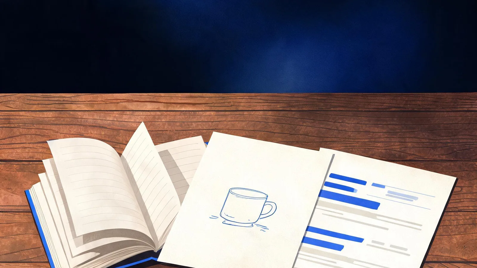 Cited — a small merchant's product page, order notebook, and search-results printout on a tidy wooden desk