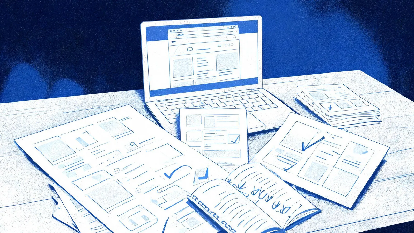 Cited — a small online shop desk with product page printouts, alternate URL notes, and a browser-freeledger of redirect decisions
