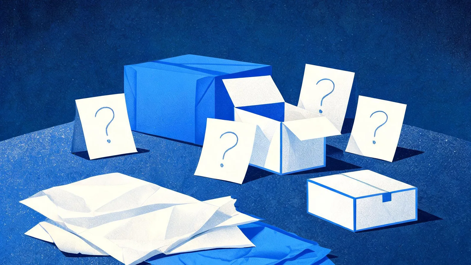 Cited — a small merchant’s product boxes, handwritten customer question cards, and folded packing paper on a worktable