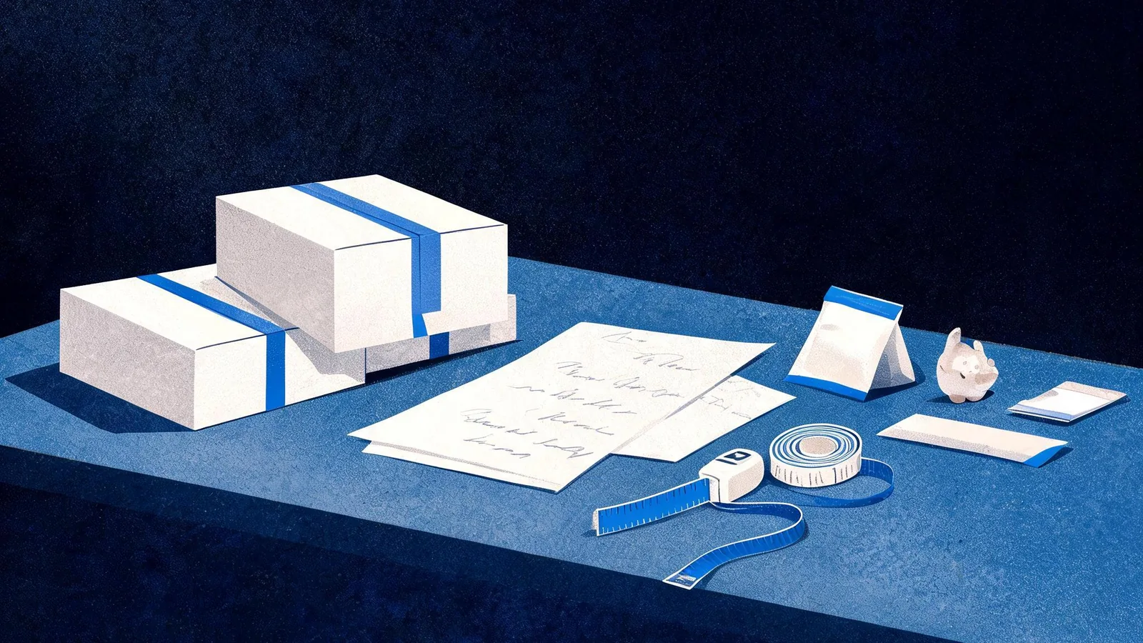 Cited — a tidy worktable with product samples, handwritten customer questions, measuring tape, and folded ecommerce packaging