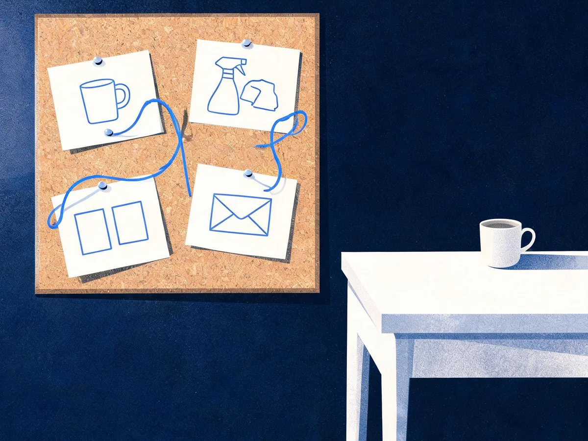 Cited — a corkboard beside a laptop-free desk with connected paper cards for product guides, care instructions, comparison notes, and order details
