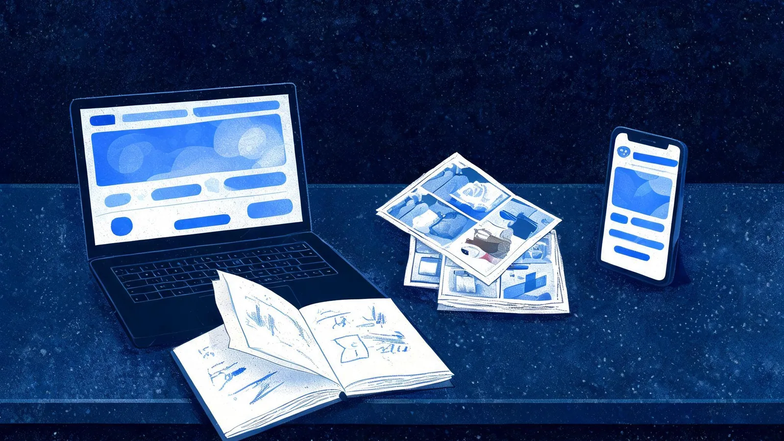 Cited — a laptop beside a storefront product page audit notebook, compressed product photographs, and a mobile phone on a shop counter