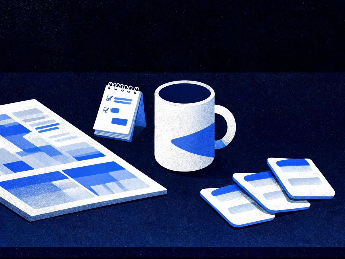 Cited — a desk scene with a page performance report beside an oversized product image, theme settings notes, and a small collection of app cards