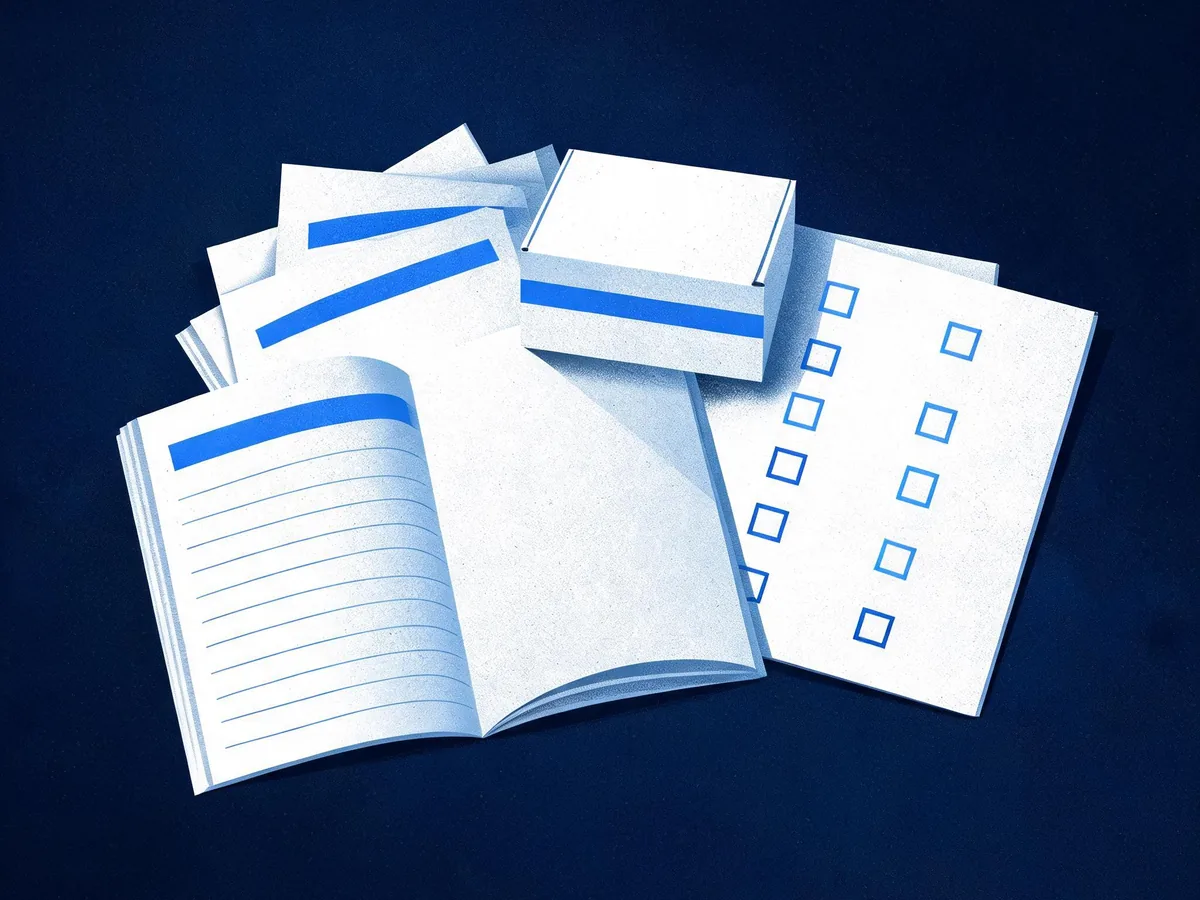 Cited — a split stationery scene with a prompt log, dated observation sheets, product packaging, and a competitor comparison checklist