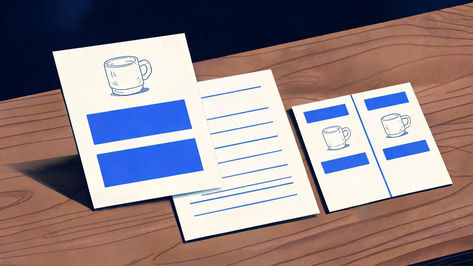 Cited — a small merchant's product pages, order notes, and comparison cards arranged on a wooden worktable