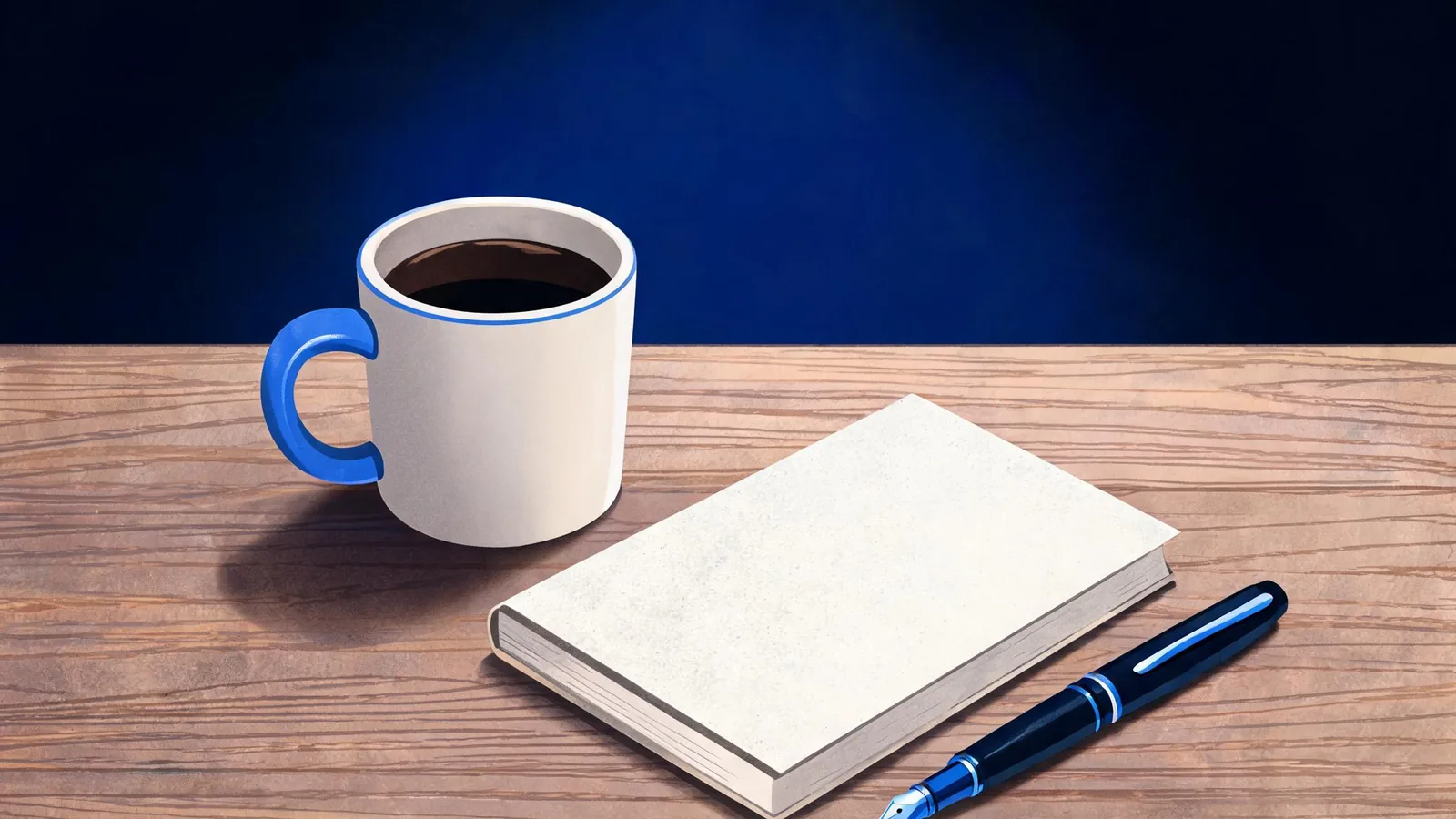 Cited — a wooden desk surface with a fountain pen resting beside a hardcover notebook and a ceramic coffee mug
