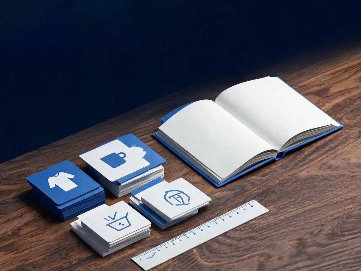 Cited — an open shop notebook beside product category cards, care instruction cards, and a small measuring ruler on a wooden counter