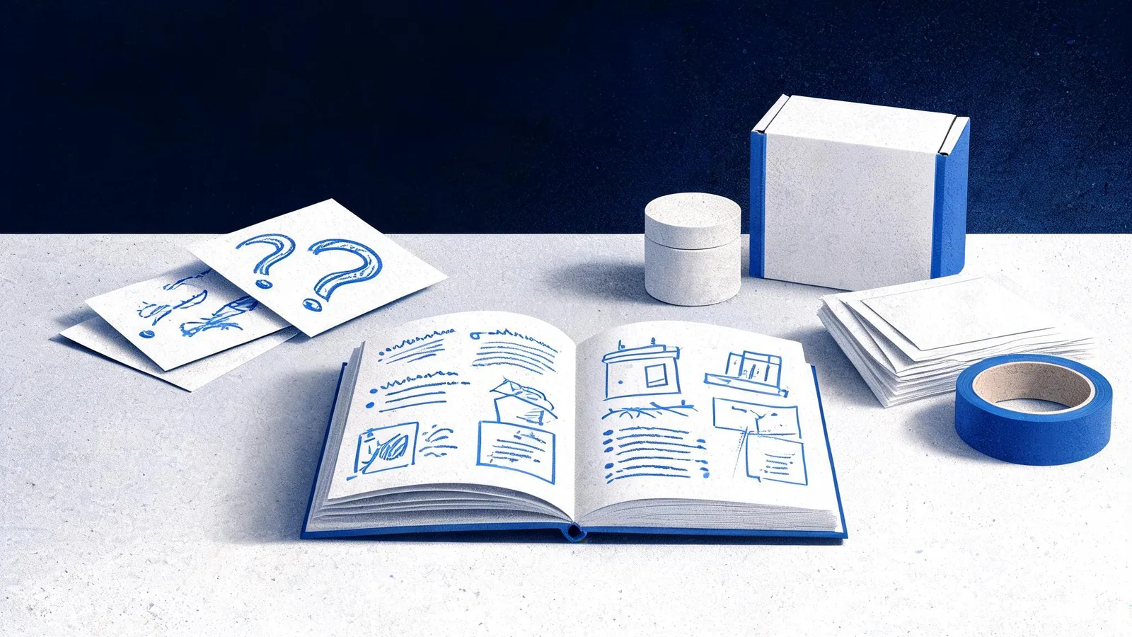 Cited — a tidy worktable with handwritten customer questions, product samples, packaging materials, and a notebook of content plans