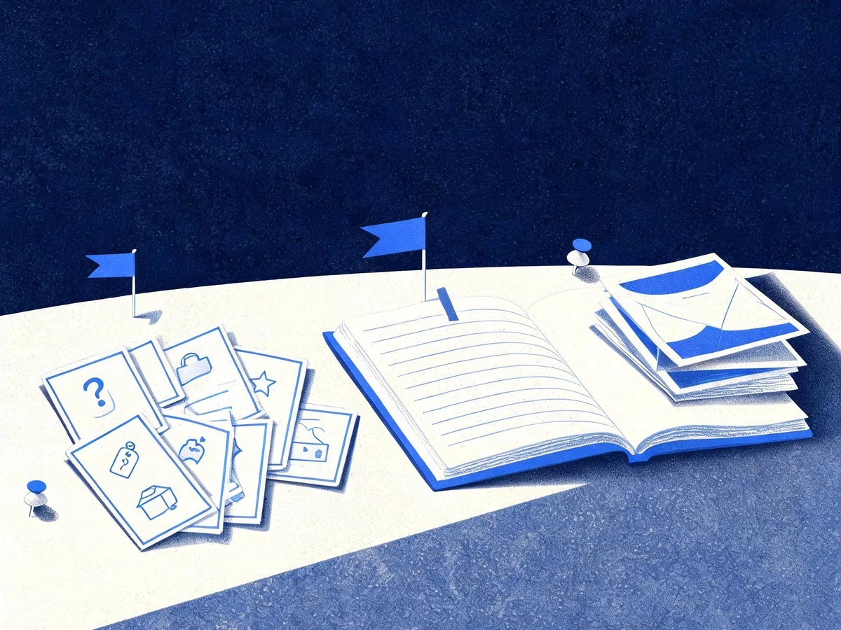 Cited — a tidy desk scene with five varied buyer-question cards, a ruled answer log, competitor product brochures, and separate citation and mention markers