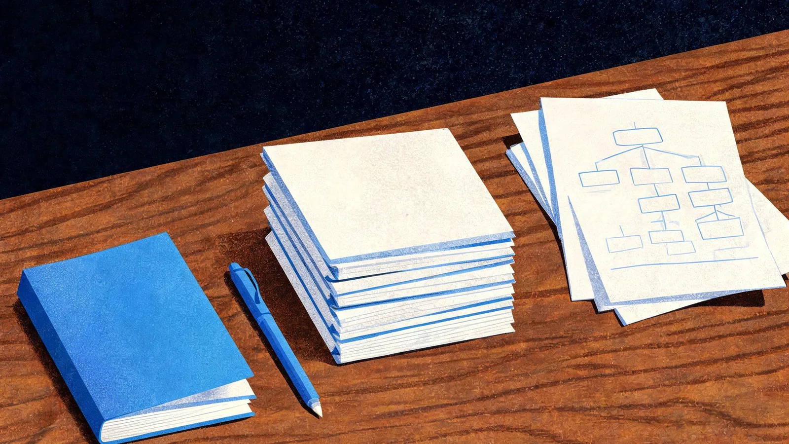 Cited — a small merchant website audit notebook beside a laptop-free stack of product cards, sitemap papers, and a pen on a wooden desk