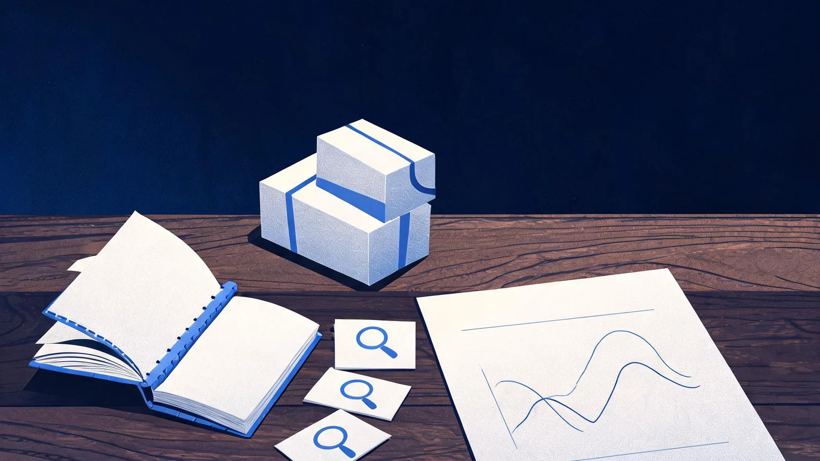 Cited — a small merchant's notebook beside product packages, query cards, and a simple search performance printout on a wooden desk