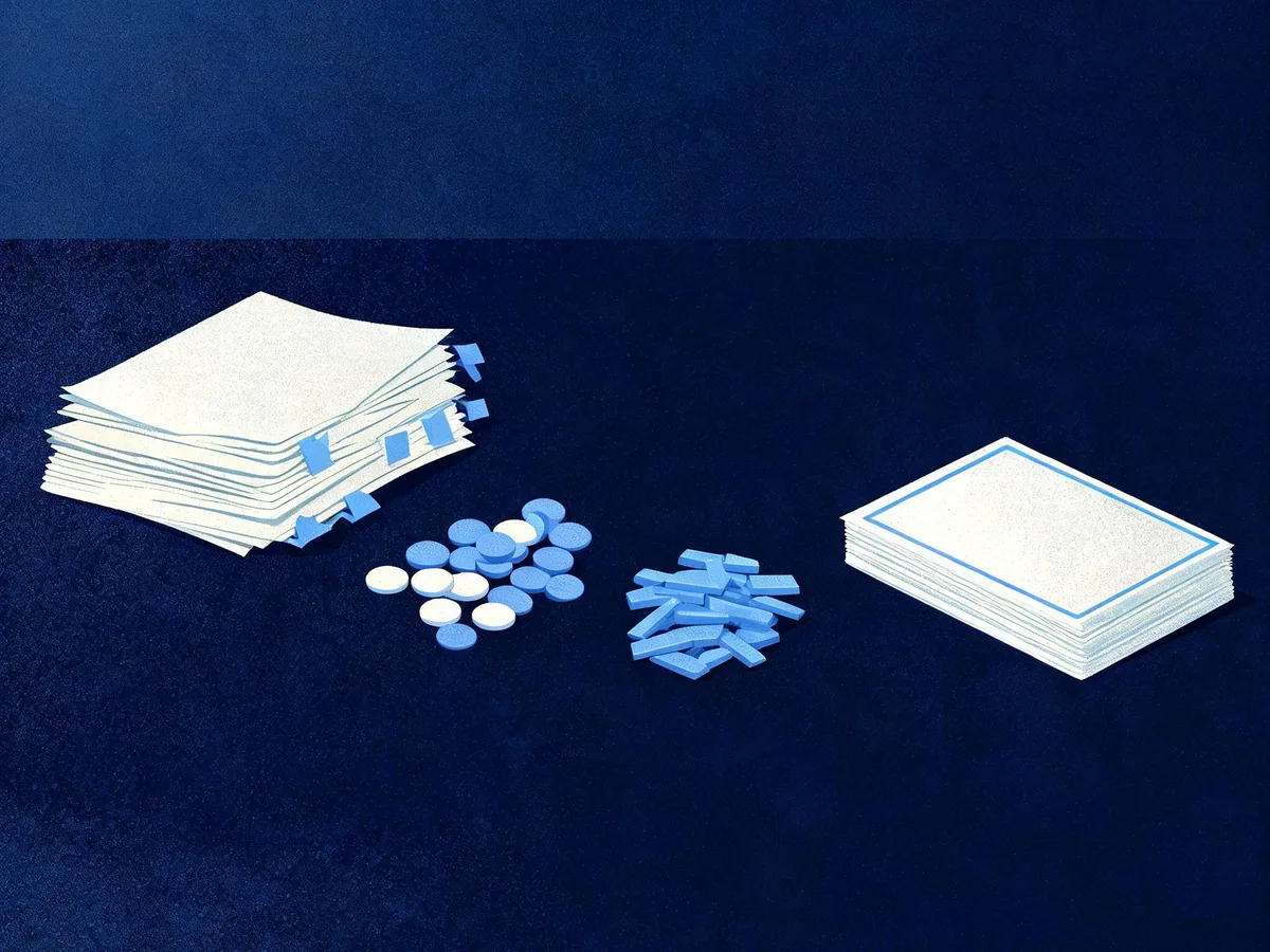 Cited — a quiet worktable with indexed page notes, impression markers, click tokens, and competitor citation cards arranged in separate groups