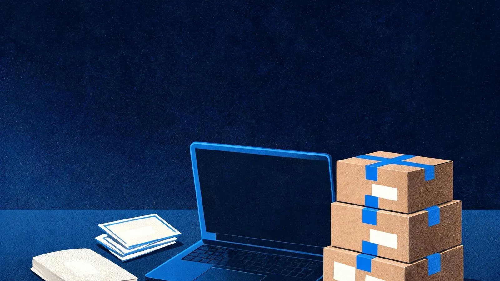 Cited — a small merchant's notebook, prompt cards, and a laptop beside neatly packed ecommerce parcels on a worktable