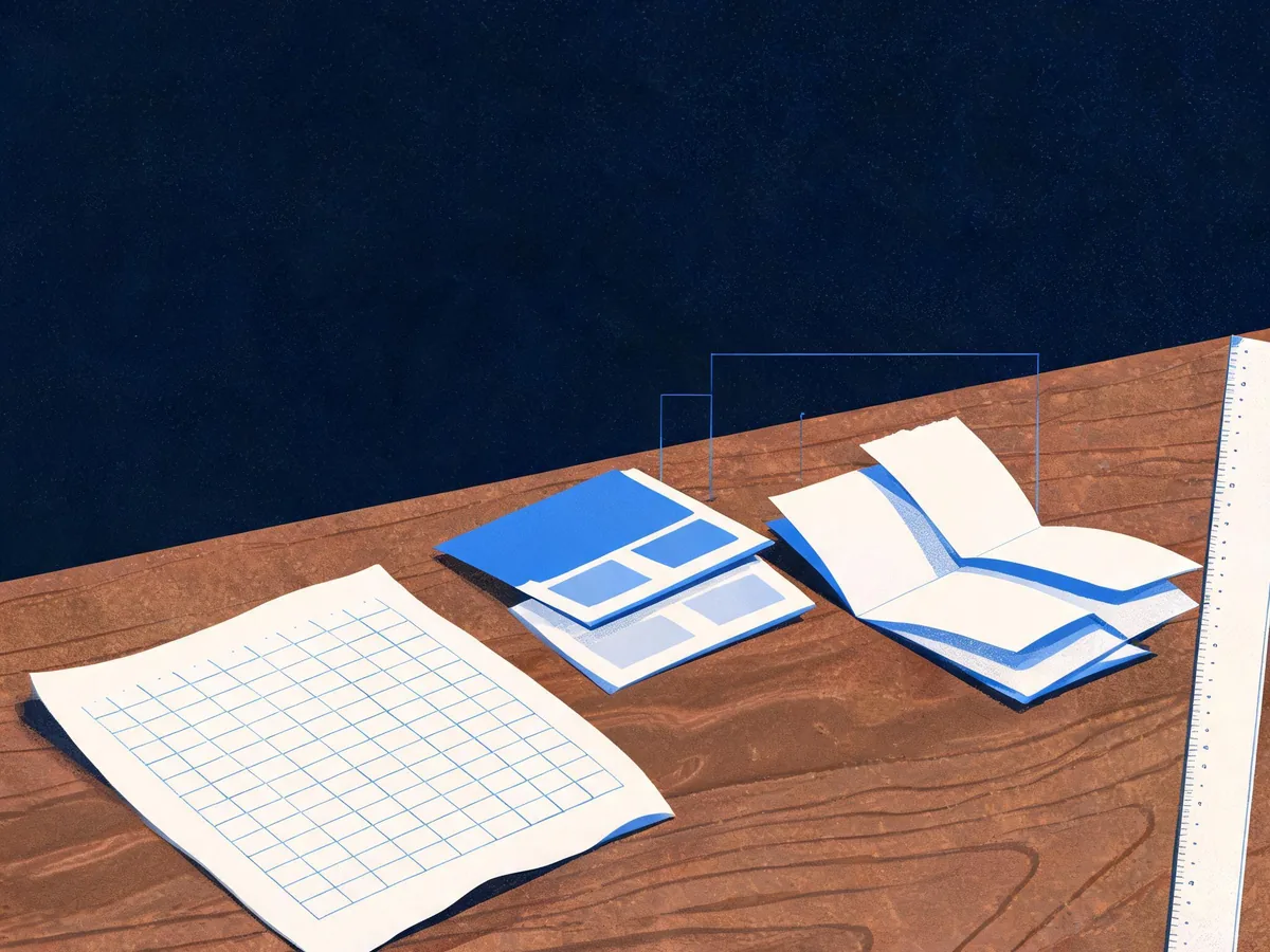 Cited — a spreadsheet printout, colored comparison cards, and linked product guides arranged on a wooden desk beside a measuring ruler