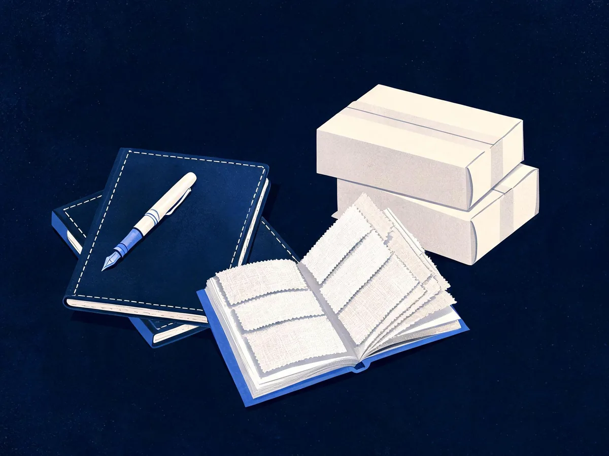 Cited — a flat arrangement of leather merchant ledgers, fountain pens, linen swatch books, and stacked cardboard mailing cartons