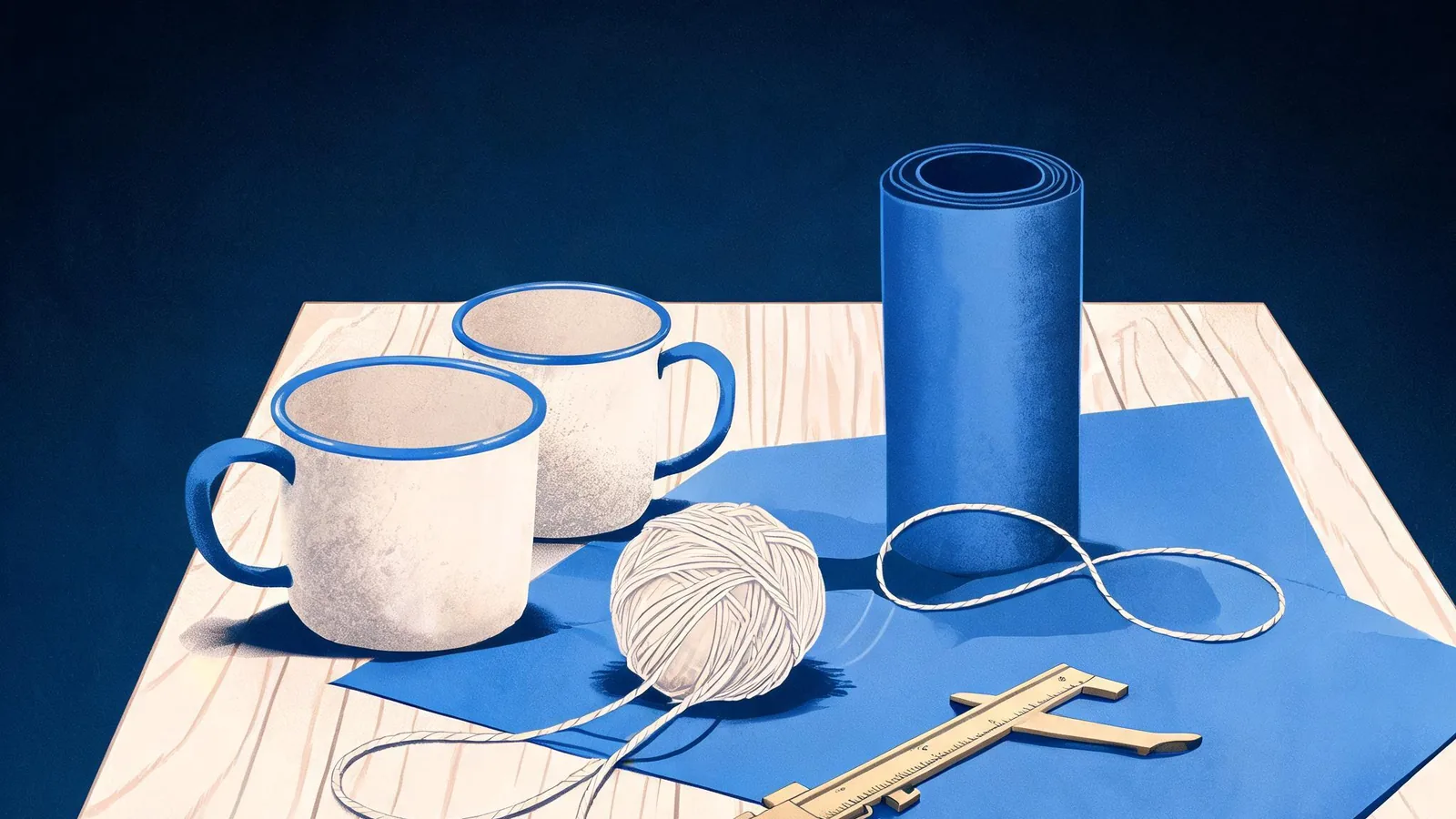 Cited — a wooden packing table with handmade ceramic mugs, wrapping paper, natural twine, and brass measuring calipers