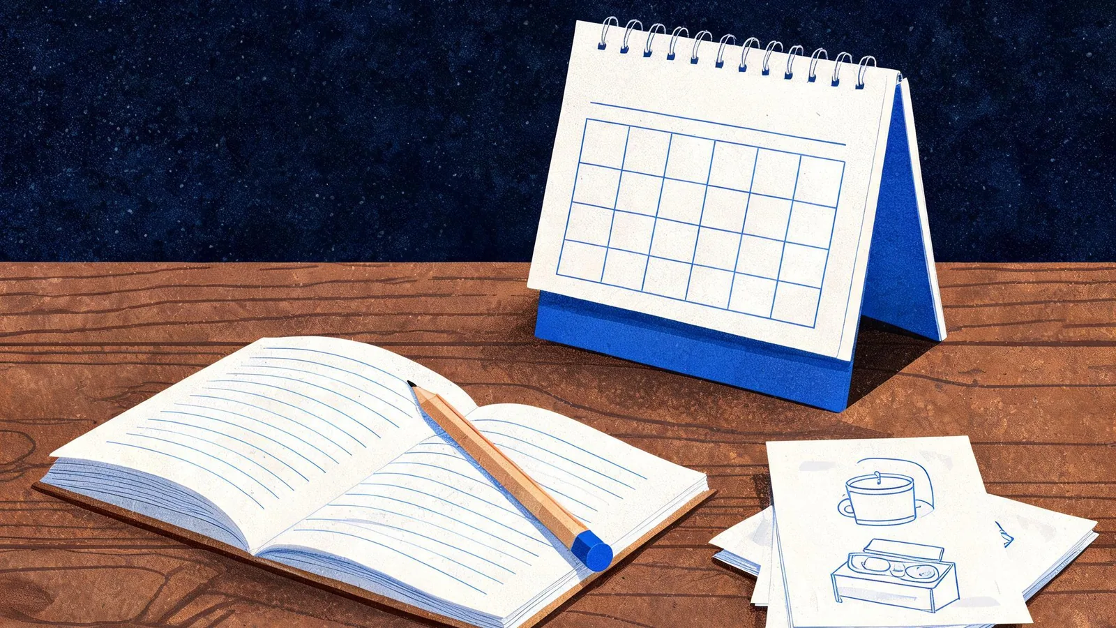 Cited — an independent shopkeeper’s SEO planning notebook, product sample cards, pencil, and calendar on a wooden worktable