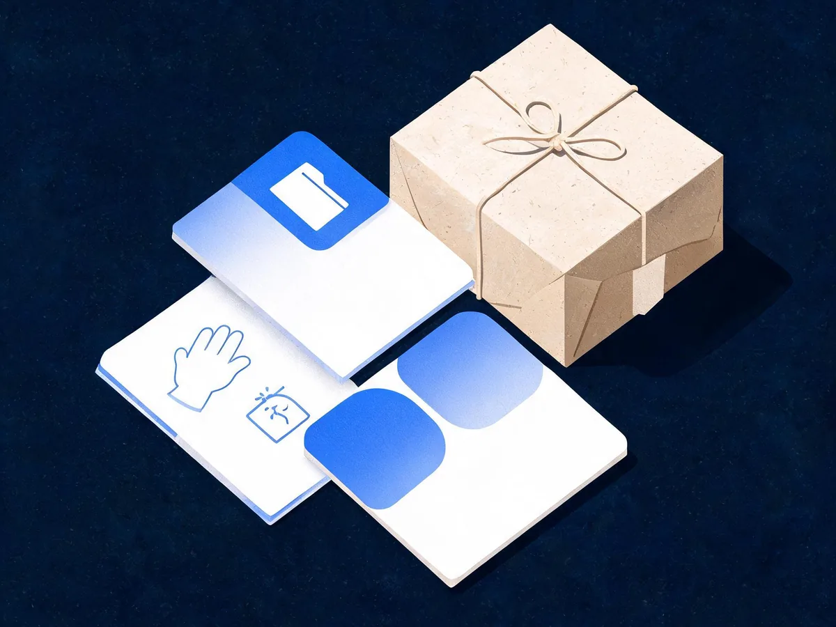 Cited — product comparison cards, care instructions, and linked category folders beside a shipping parcel