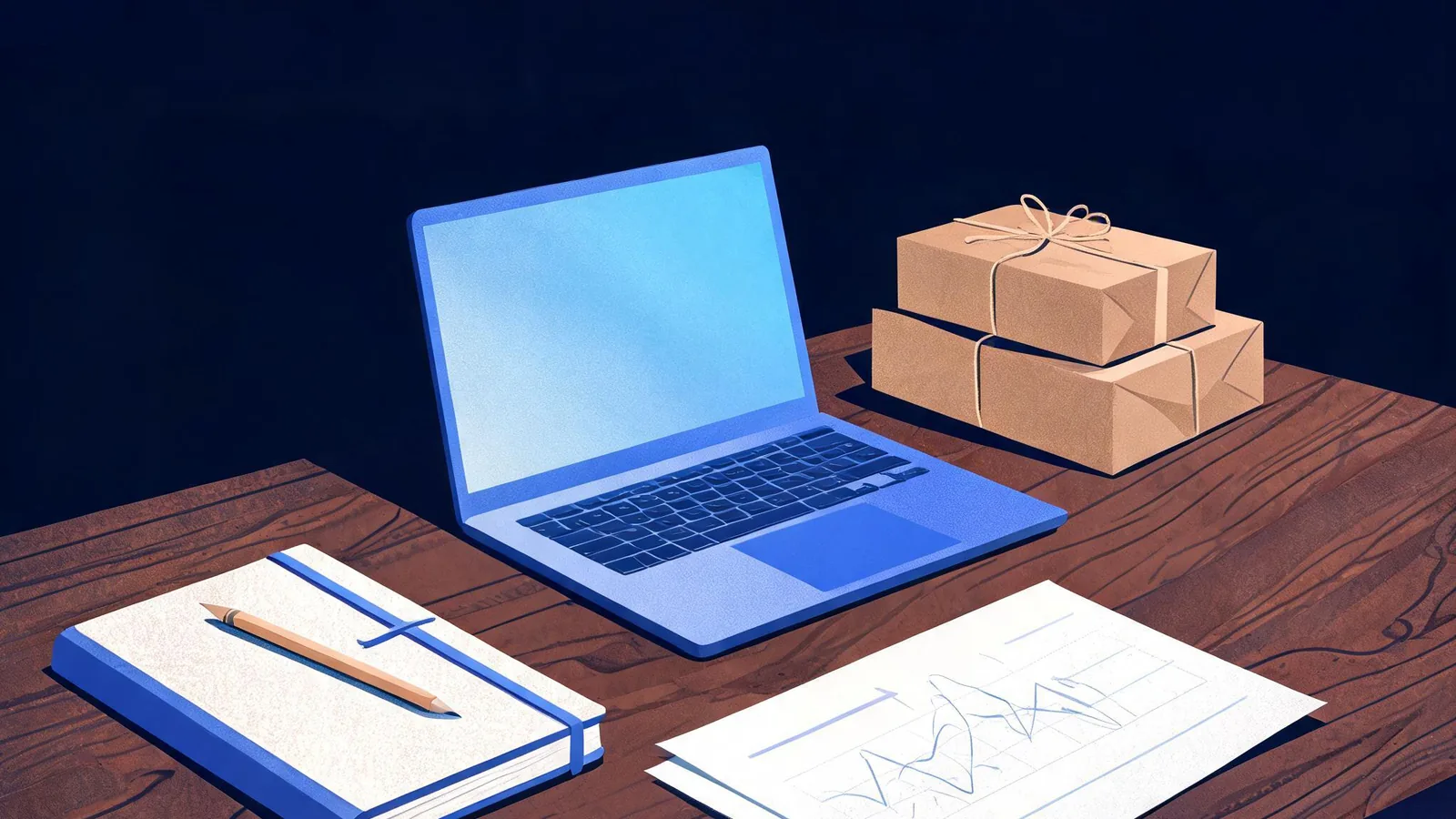 Cited — a small shop owner's notebook beside a laptop, product parcels, and an analytics printout on a wooden worktable