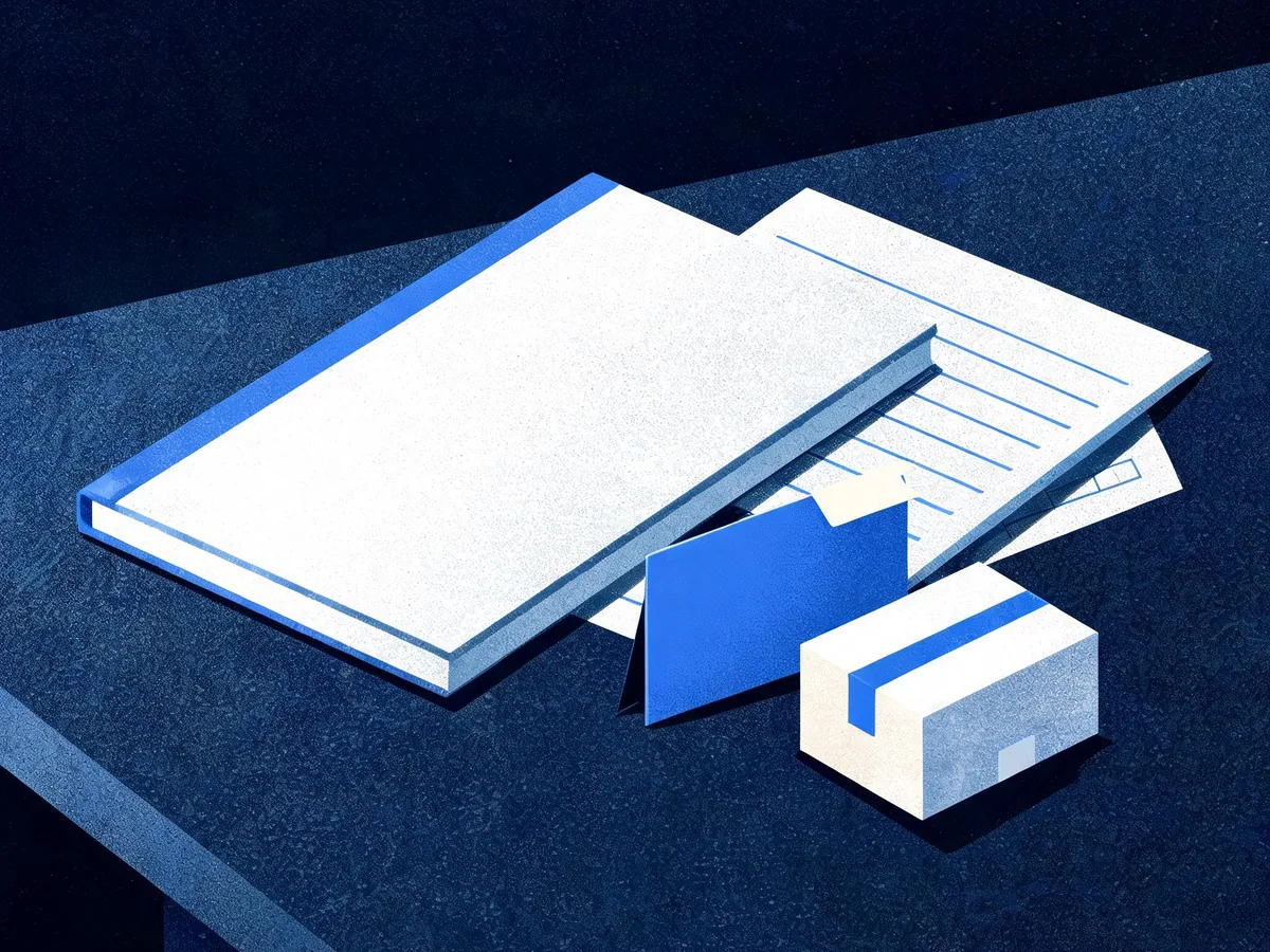 Cited — a server log sheet, tagged campaign card, and storefront parcel beside a technical reference manual on a metal desk