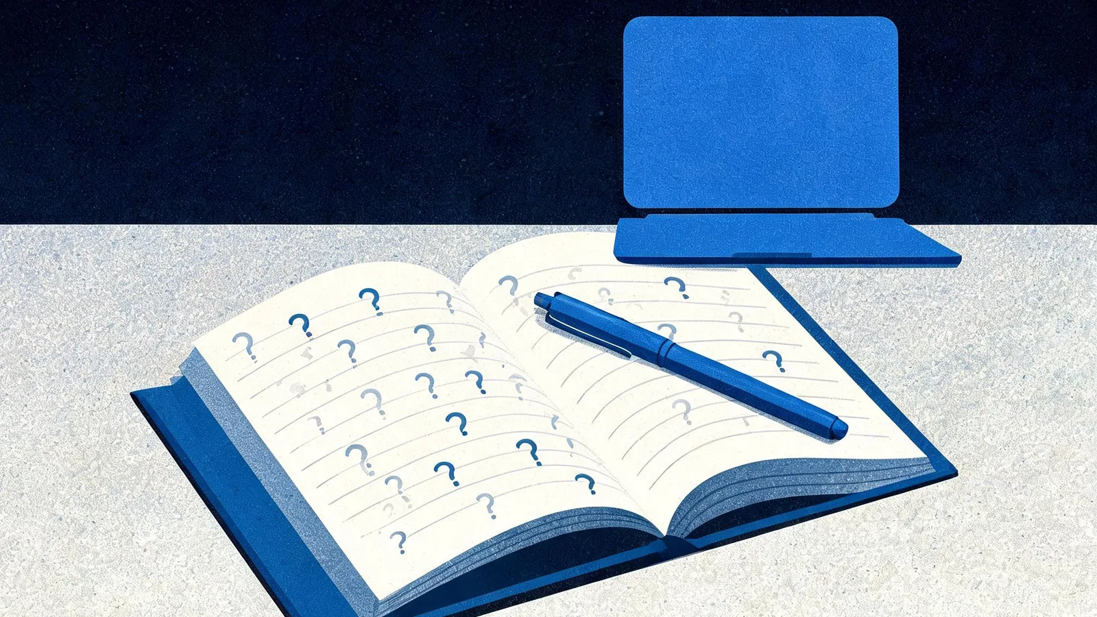 Cited — a notebook with repeated buyer questions, a pen, and a neutral laptop-shaped card on a small merchant worktable