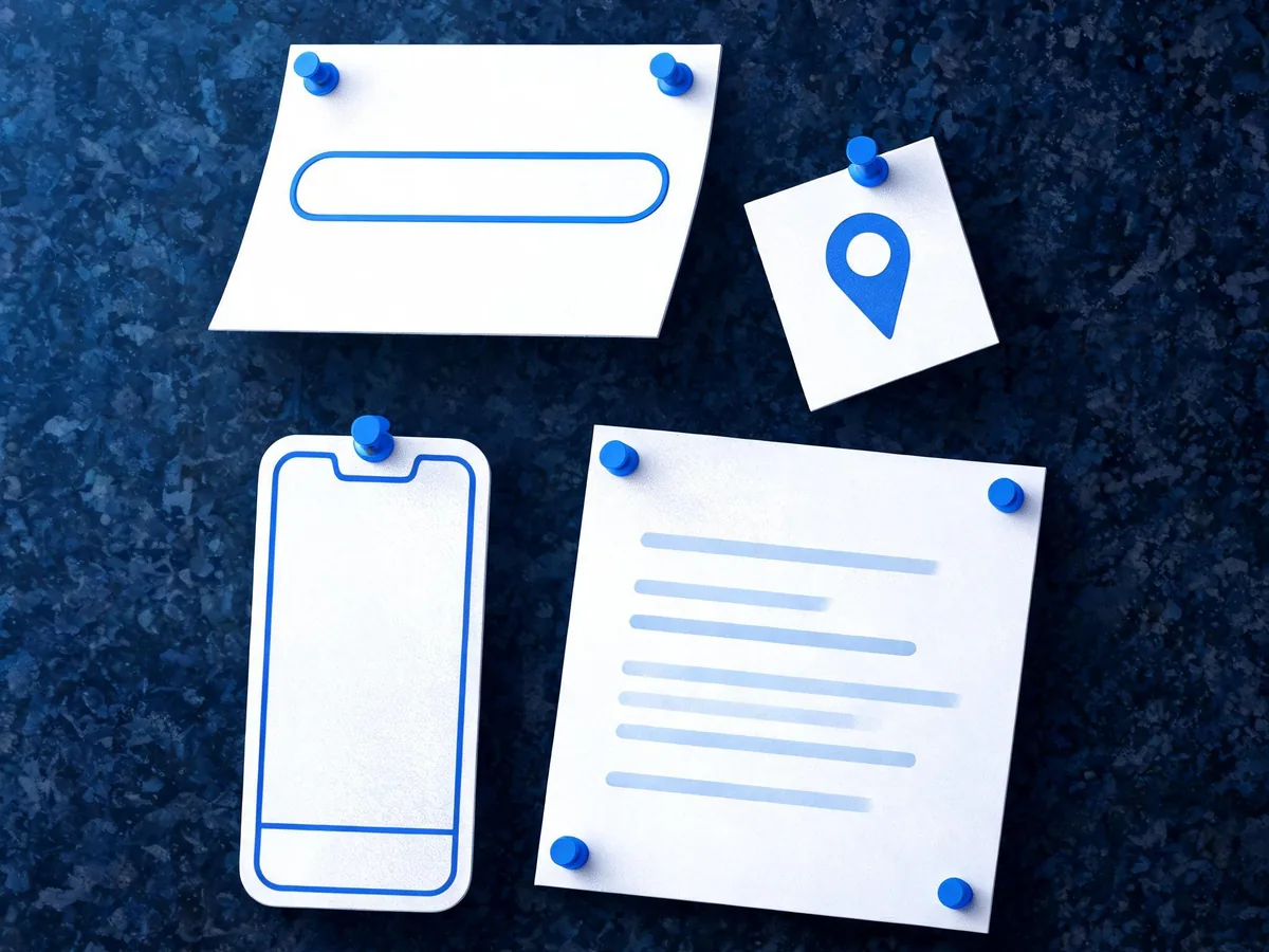 Cited — a split arrangement of search query cards, location notes, device tags, and an AI answer printout on a corkboard