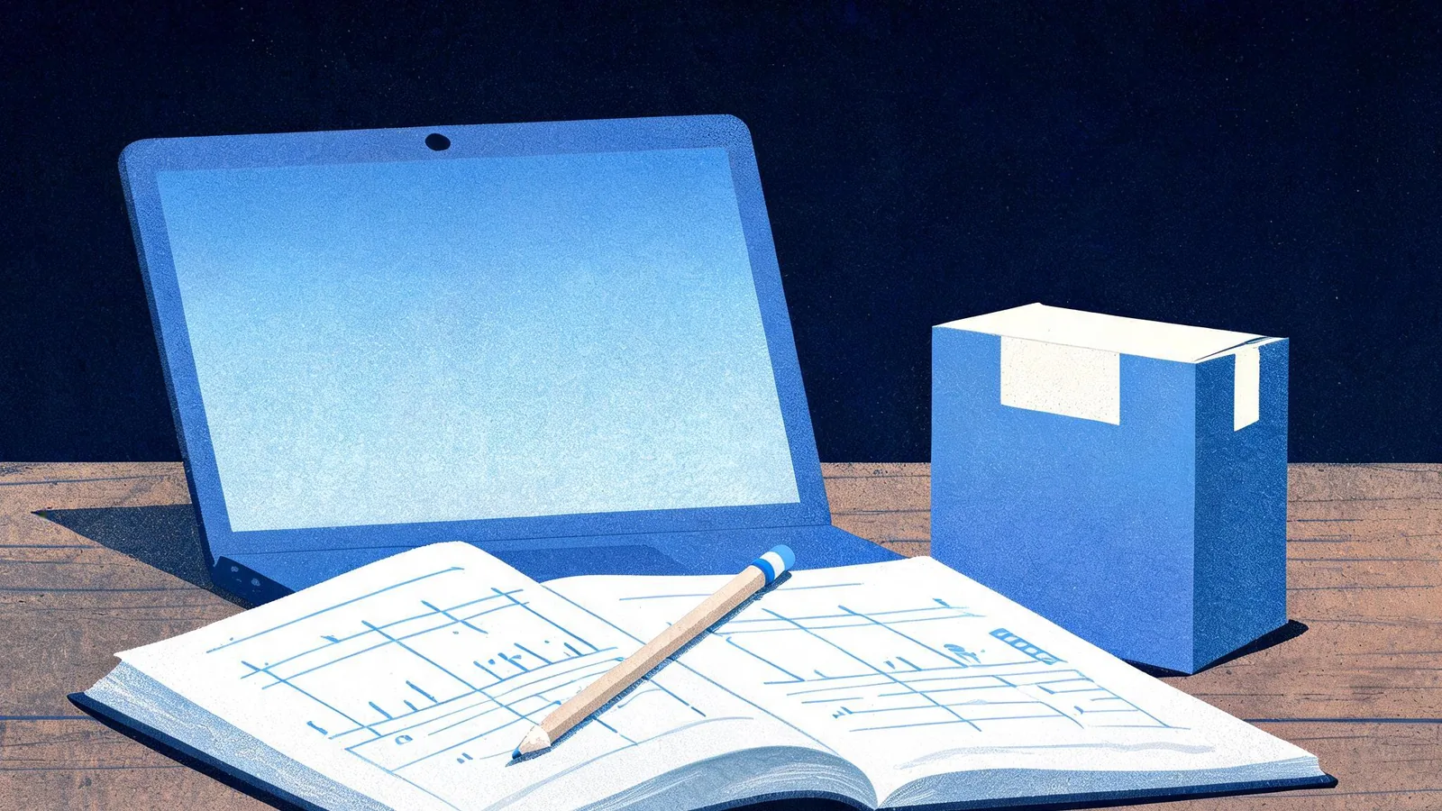 Cited — a paper keyword-tracking ledger beside a laptop, product package, and pencil on a small shop worktable