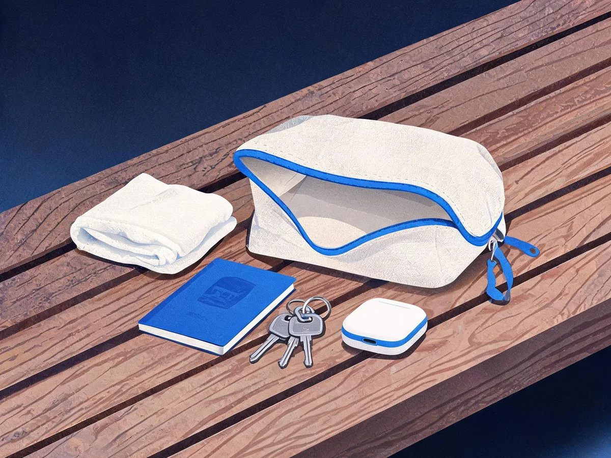 Cited — a canvas travel pouch opened beside keys, earbuds, a passport, and a washable cloth on a wooden bench