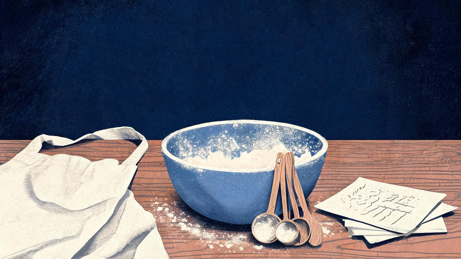 Cited — a neatly arranged linen apron, wooden measuring spoons, flour-dusted mixing bowl, and handwritten recipe cards on a kitchen worktable