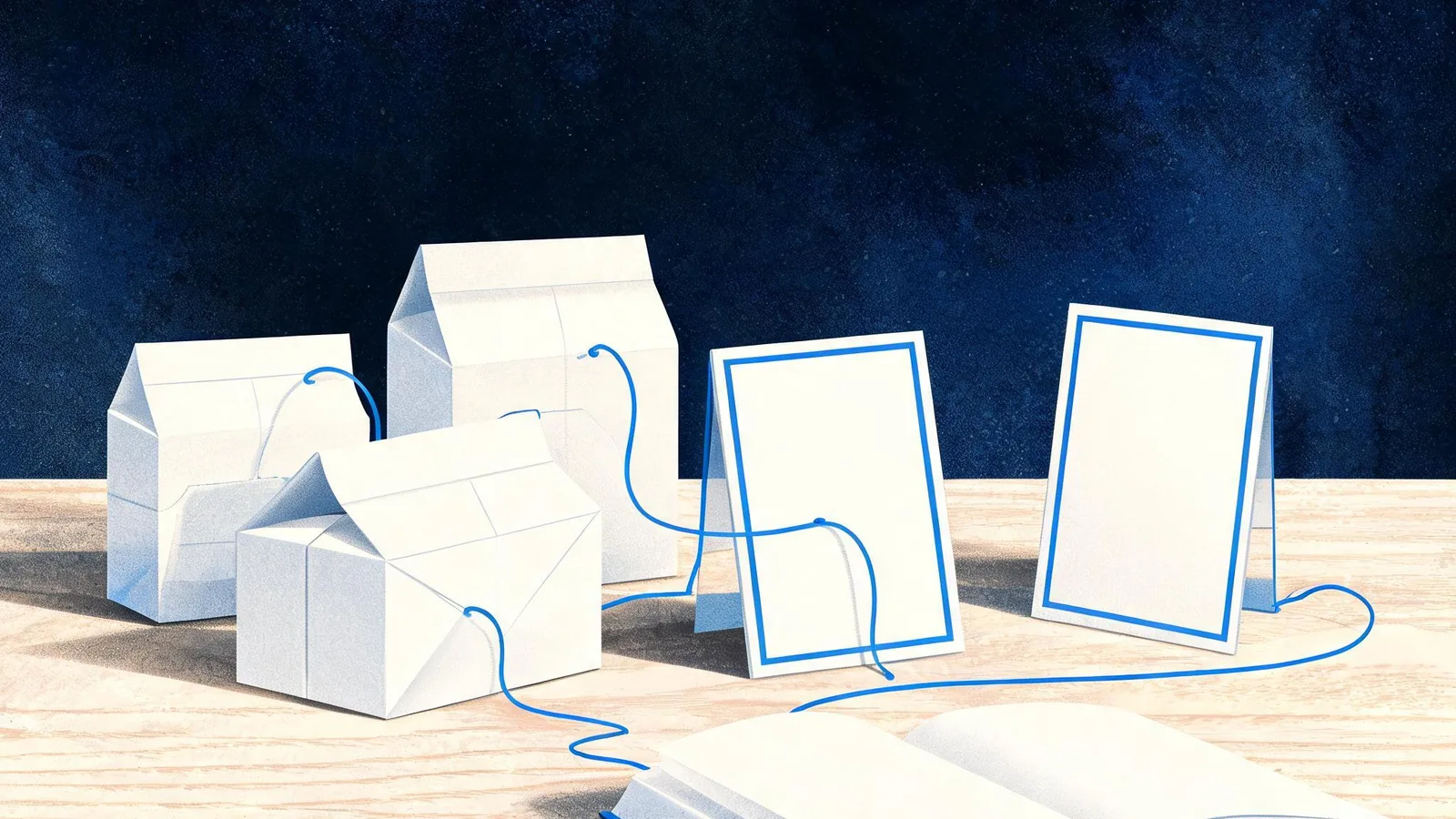 Cited — a small merchant desk with product packages, category cards, notebooks, and colored connecting threads