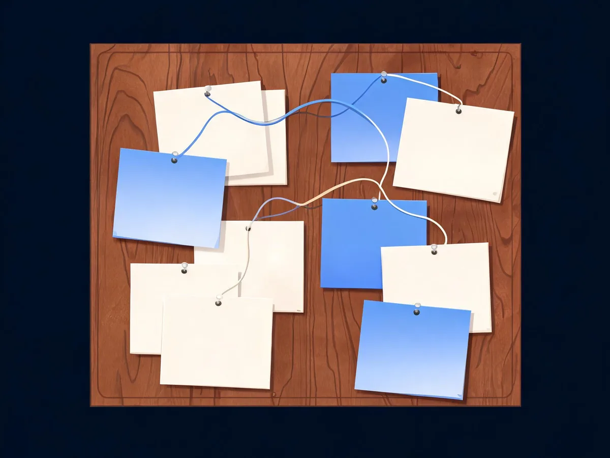 Cited — a wooden pinboard of product cards, guide cards, and category cards connected by distinct colored threads