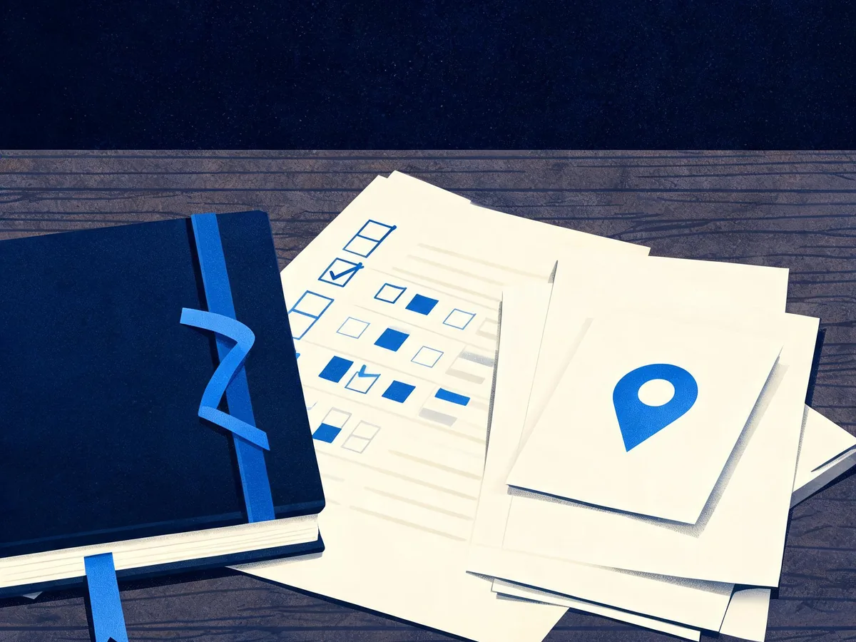 Cited — a desk with service-page drafts, a structured-data checklist, a map pin card, and a bound visibility review notebook