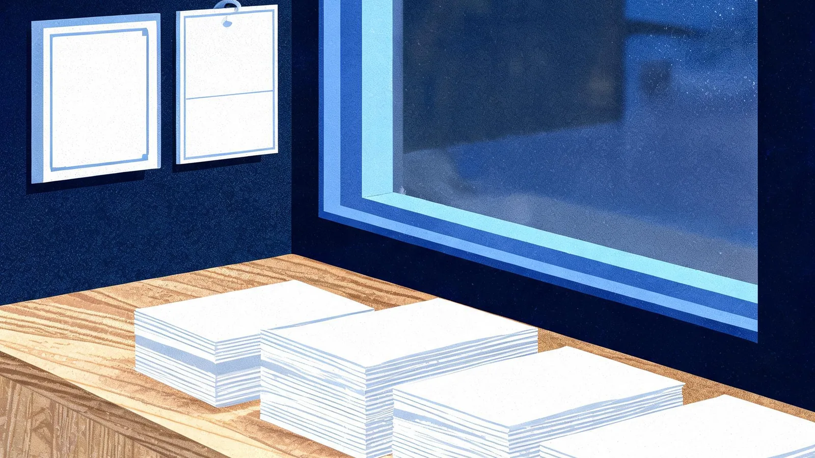 Cited — a small storefront window, address plaque, service-hours card, and neatly arranged local business directory papers on a wooden counter