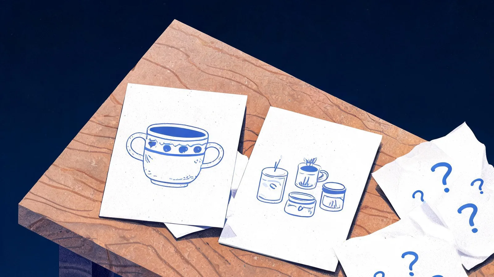 Cited — a small merchant’s product pages, category cards, and handwritten buyer-question notes arranged on a wooden worktable