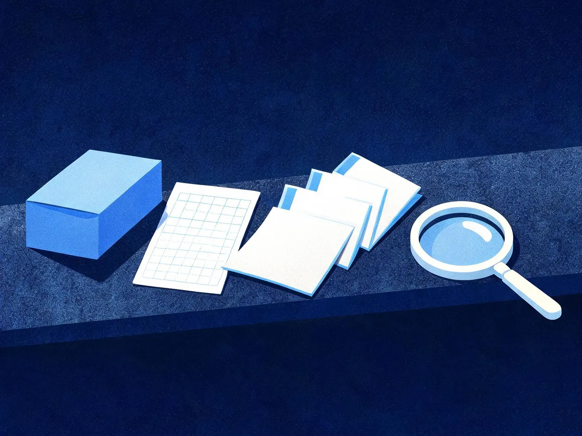 Cited — a paper measurement worksheet beside product packaging, linked catalog cards, and a magnifying glass on a shop counter