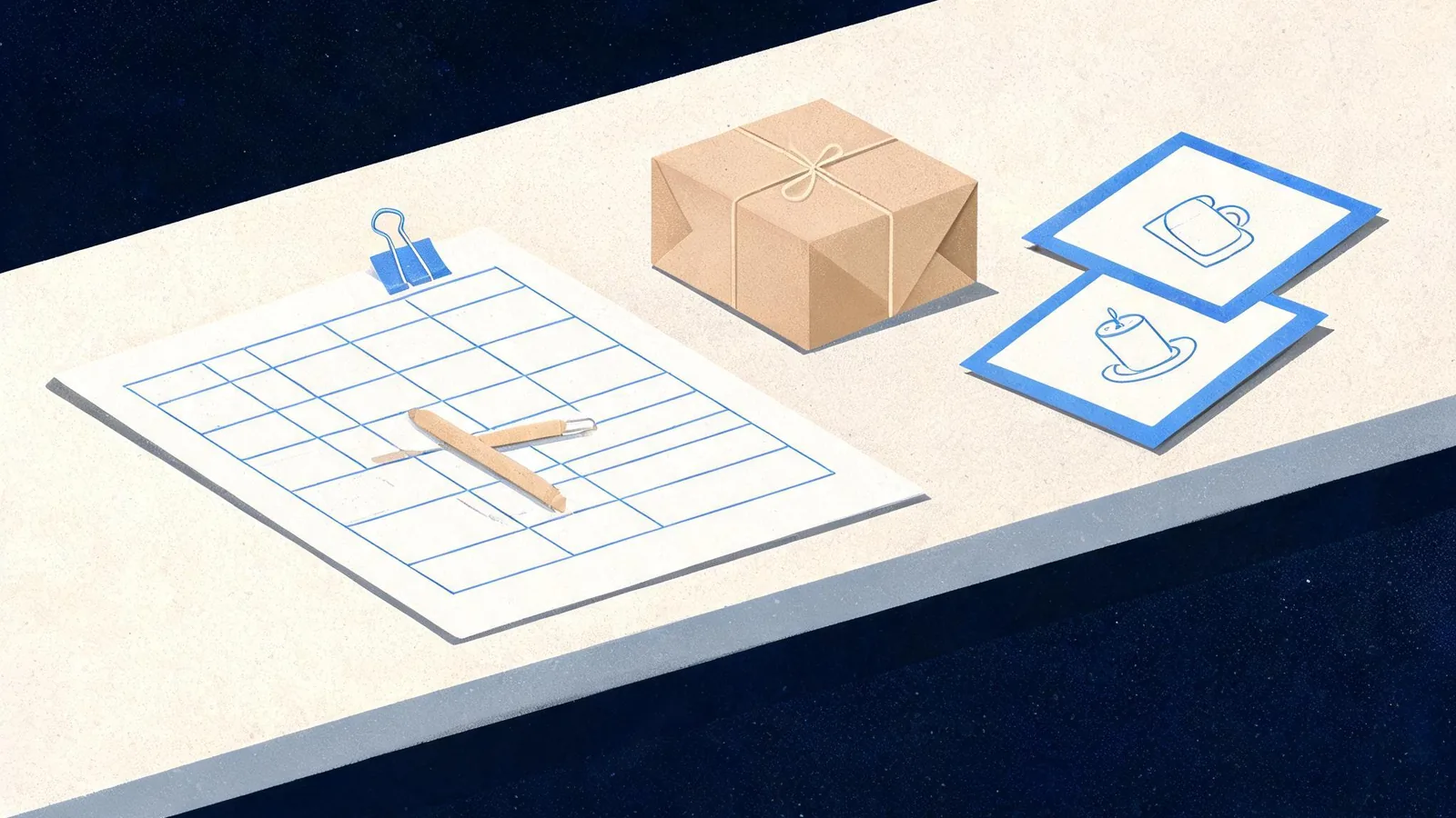 Cited — a tidy product page audit worksheet beside a small parcel, product cards, and neutral stationery on a shop counter