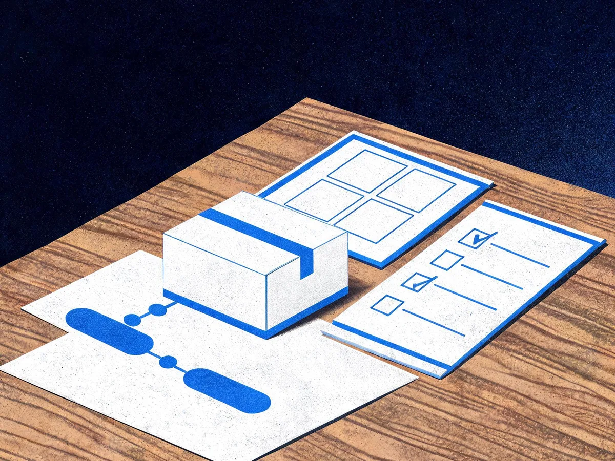 Cited — a layered ecommerce catalog scene with a boxed product, collection card, breadcrumb trail on paper, and a maintenance checklist on a wooden desk