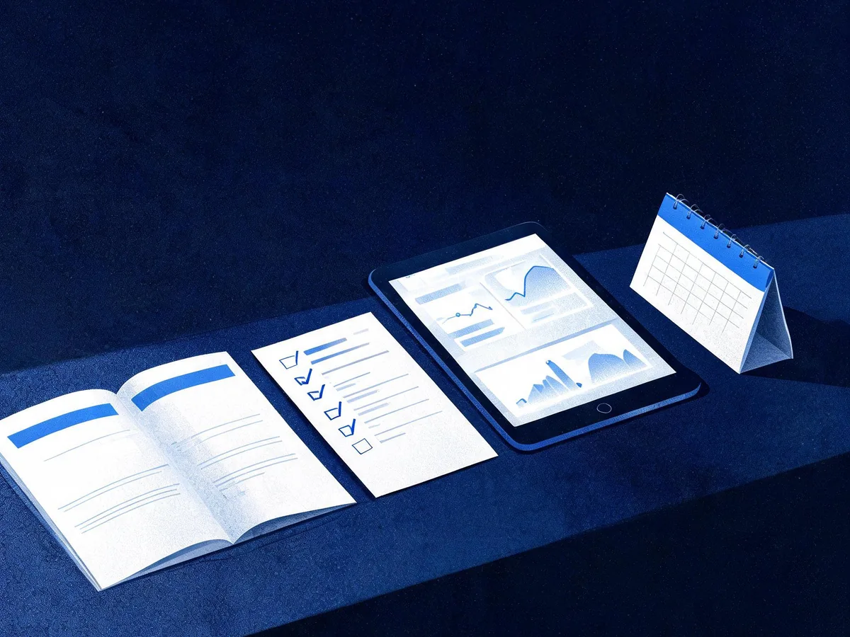 Cited — an open contract beside a website access checklist, analytics report pages, and a calendar on a desk