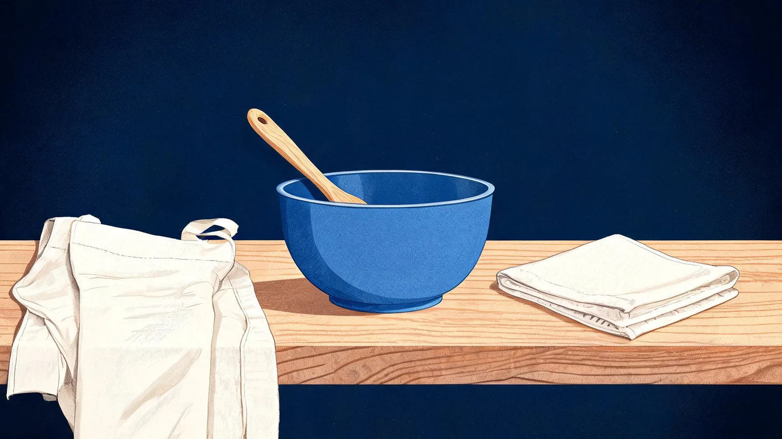 Cited — a neatly arranged linen apron, ceramic mixing bowl, wooden spoon, and folded recipe cloth on a kitchen work surface
