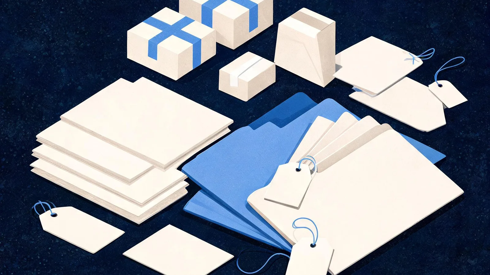 Cited — a tidy ecommerce planning board with handwritten-free blank route cards, parcel boxes, category folders, and neutral product tags
